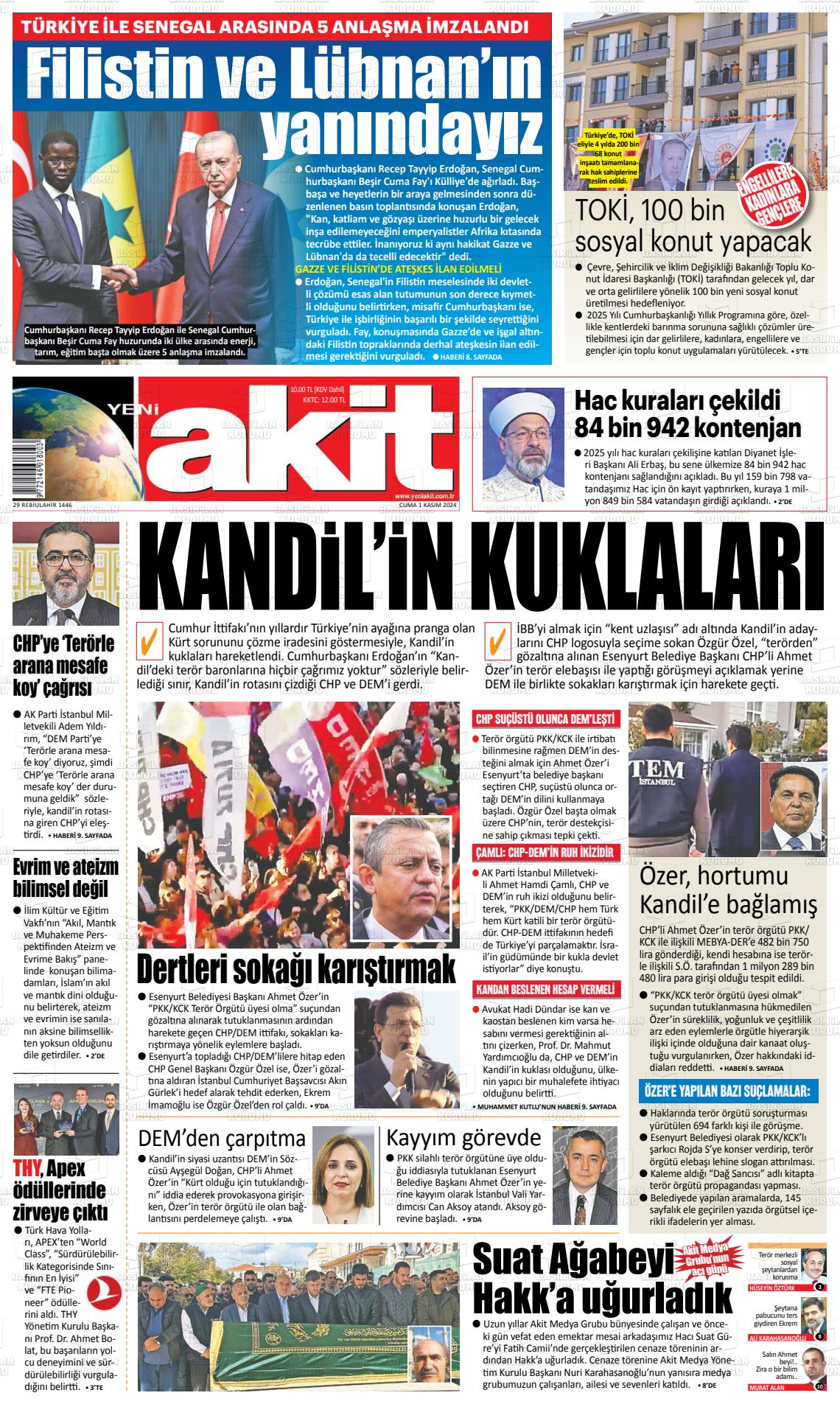 01 Kasım 2024 Yeni Akit Gazete Manşeti