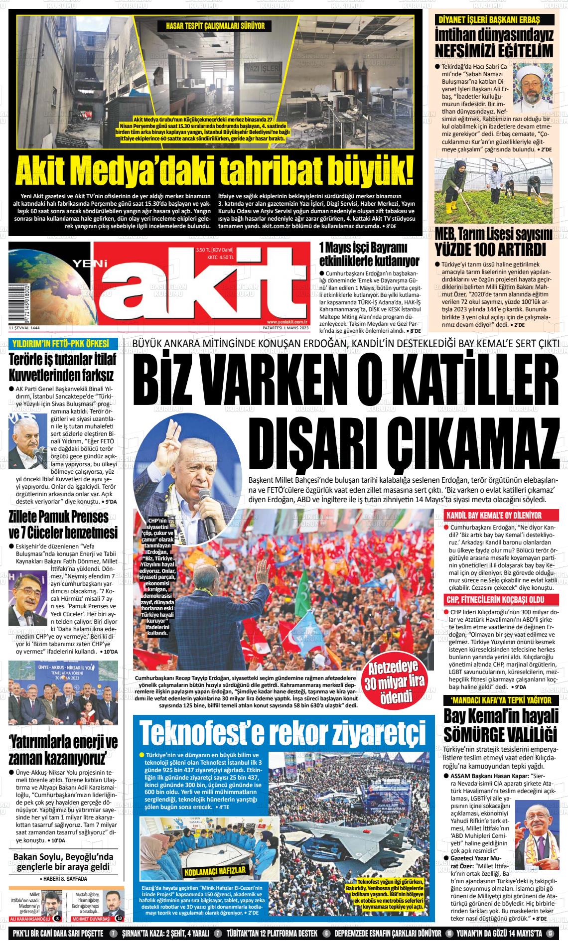 01 Mayıs 2023 Yeni Akit Gazete Manşeti