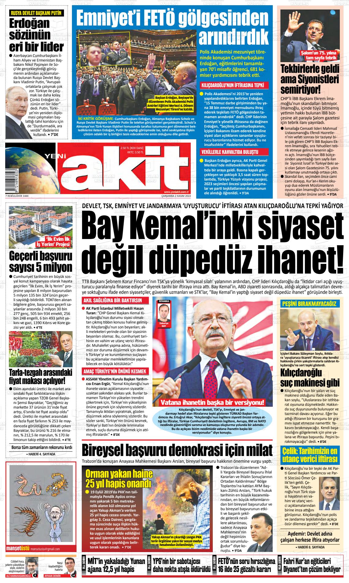 02 Kasım 2022 Yeni Akit Gazete Manşeti