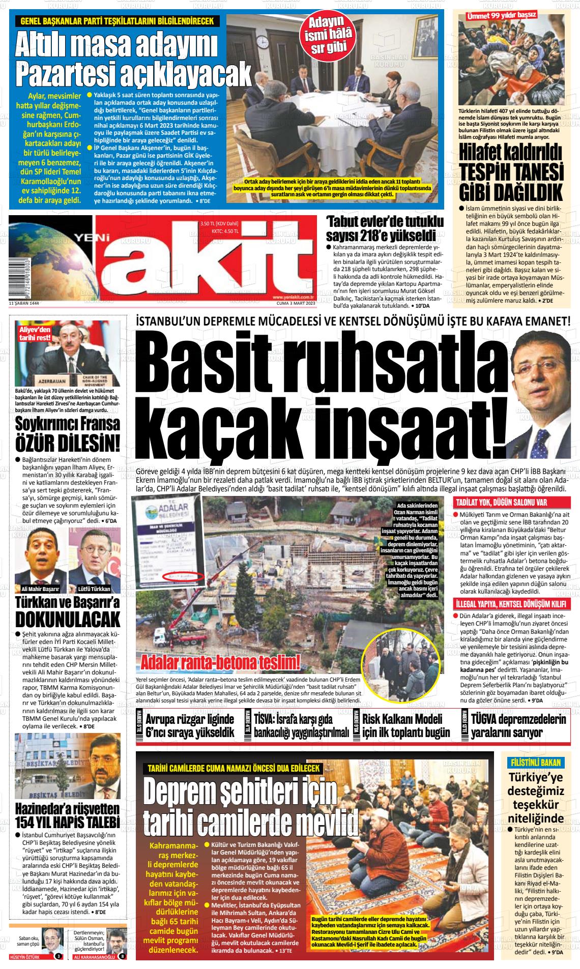 03 Mart 2023 Yeni Akit Gazete Manşeti