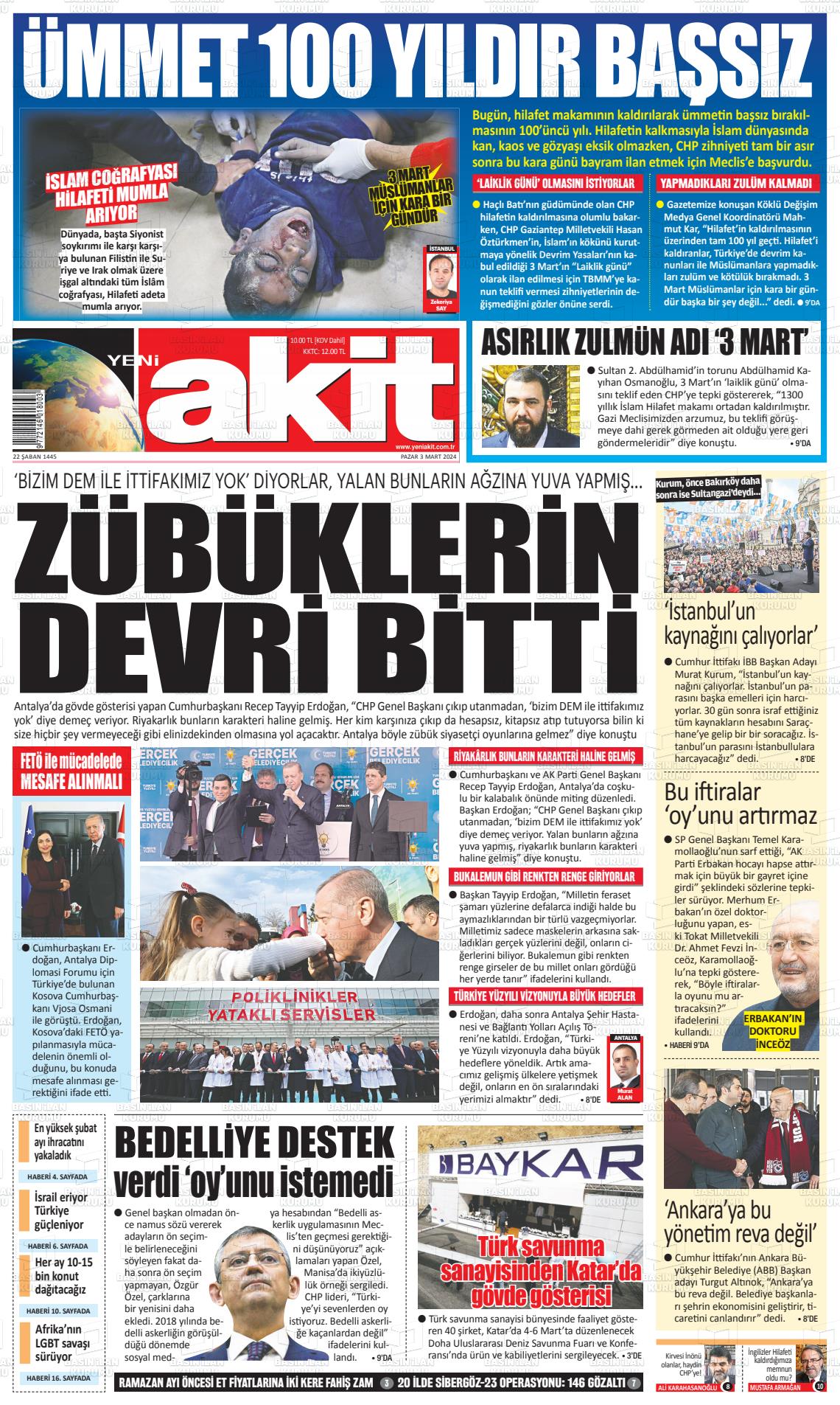 03 Mart 2024 Yeni Akit Gazete Manşeti