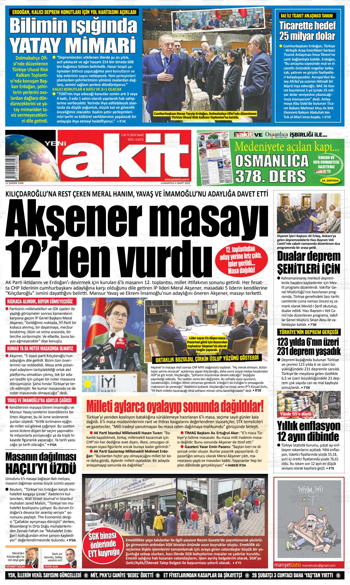 04 Mart 2023 Yeni Akit Gazete Manşeti