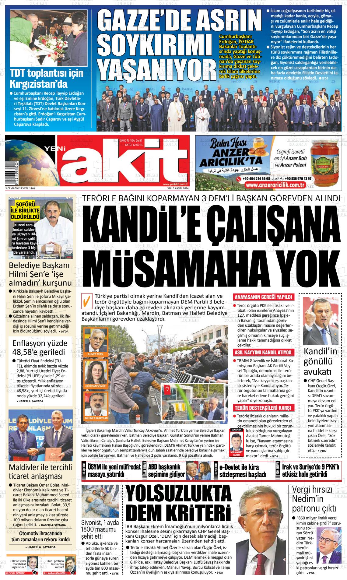 05 Kasım 2024 Yeni Akit Gazete Manşeti