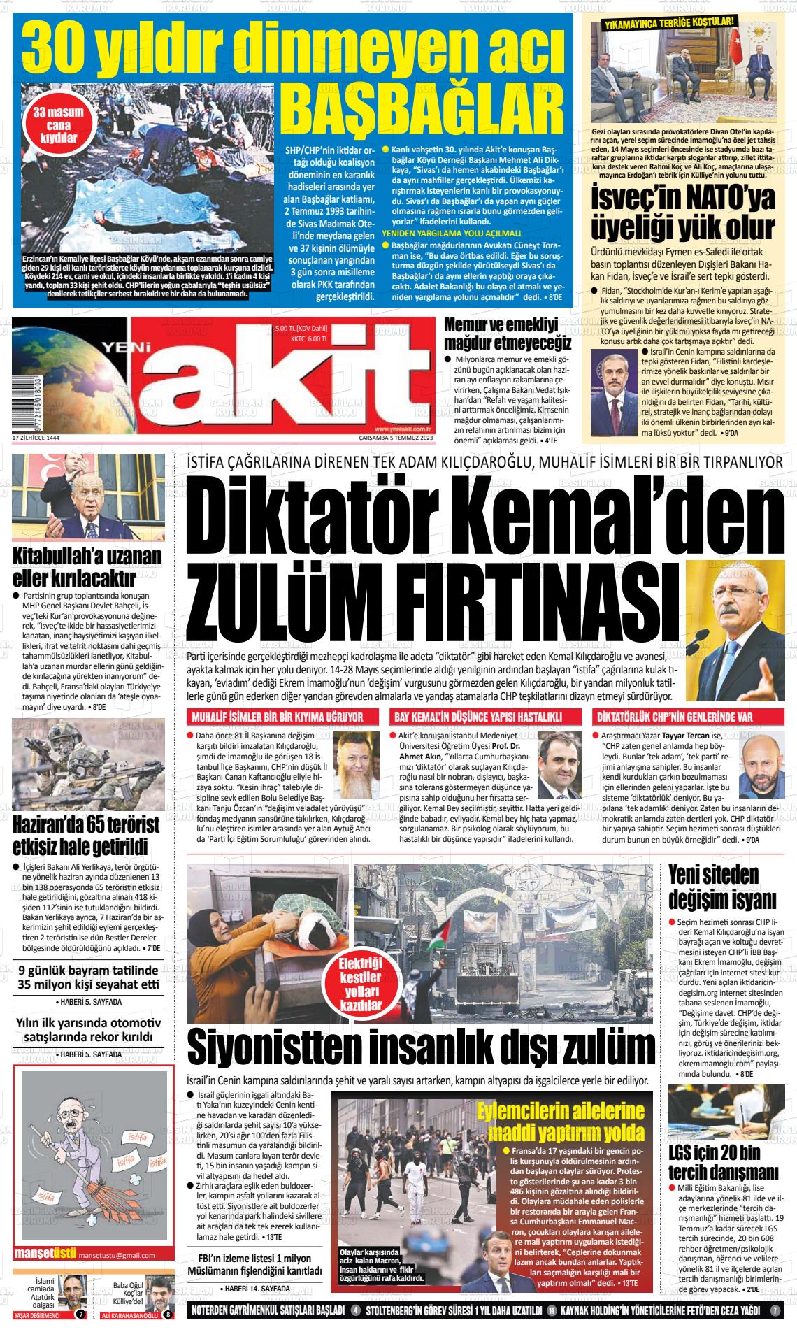 05 Temmuz 2023 Yeni Akit Gazete Manşeti