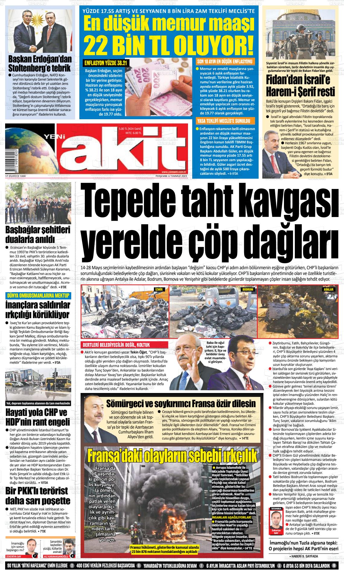 06 Temmuz 2023 Yeni Akit Gazete Manşeti