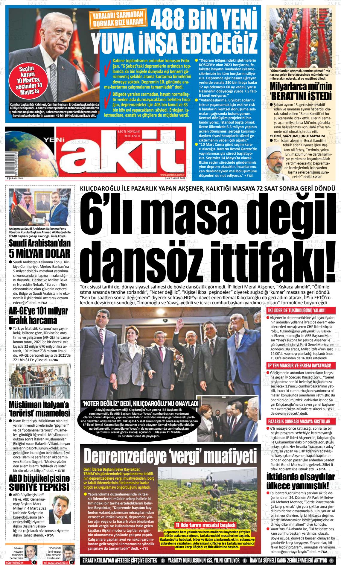 07 Mart 2023 Yeni Akit Gazete Manşeti