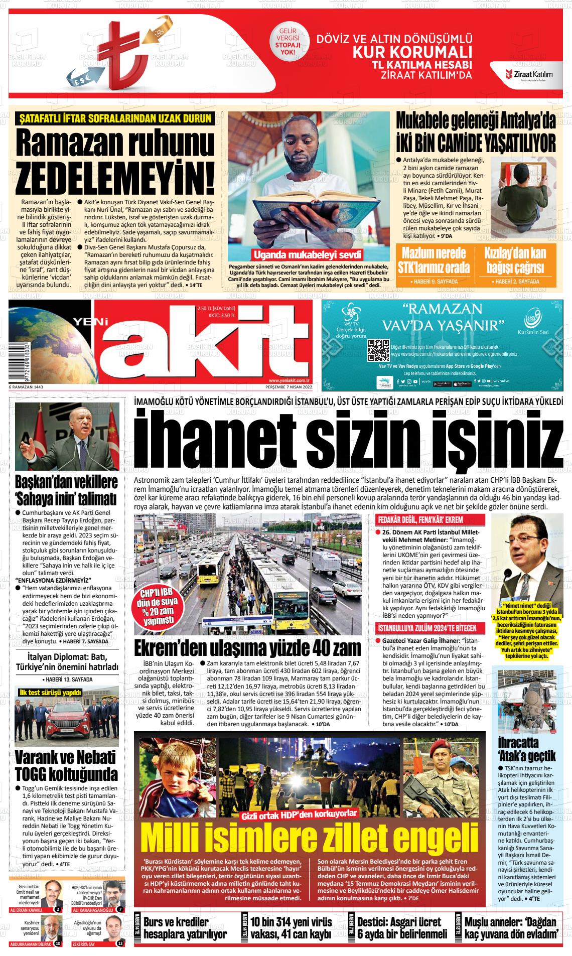 07 Nisan 2022 Yeni Akit Gazete Manşeti