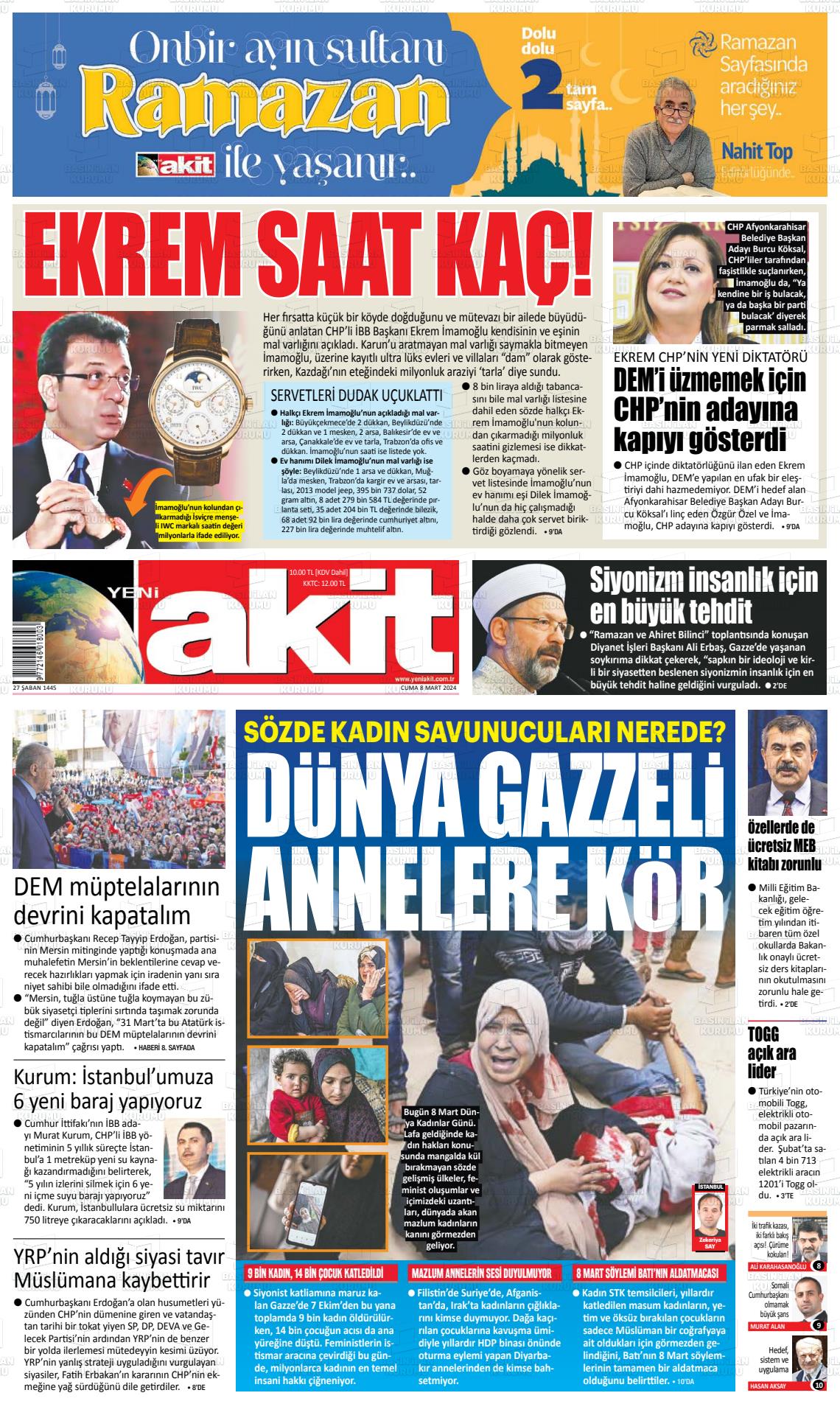 08 Mart 2024 Yeni Akit Gazete Manşeti