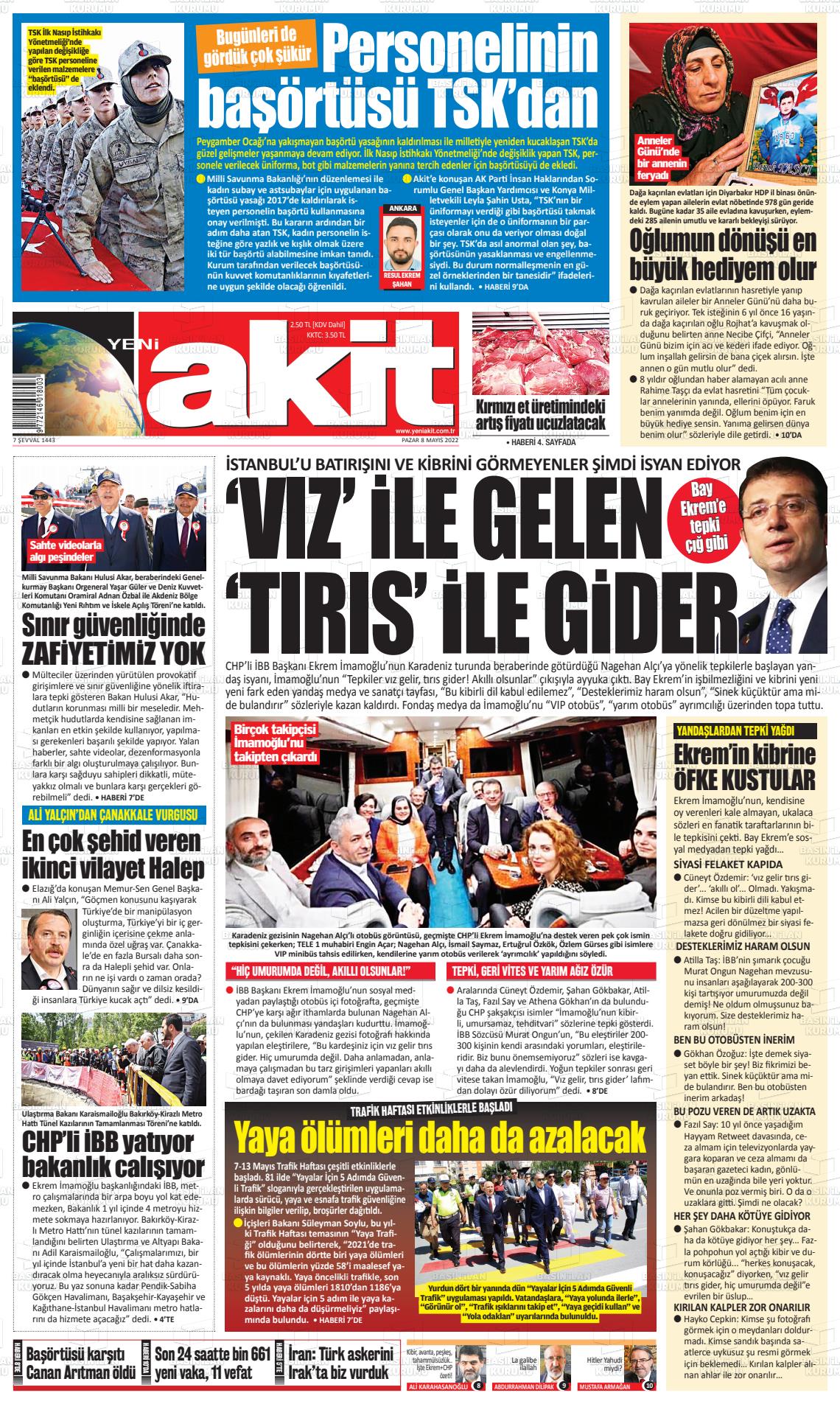 08 Mayıs 2022 Yeni Akit Gazete Manşeti