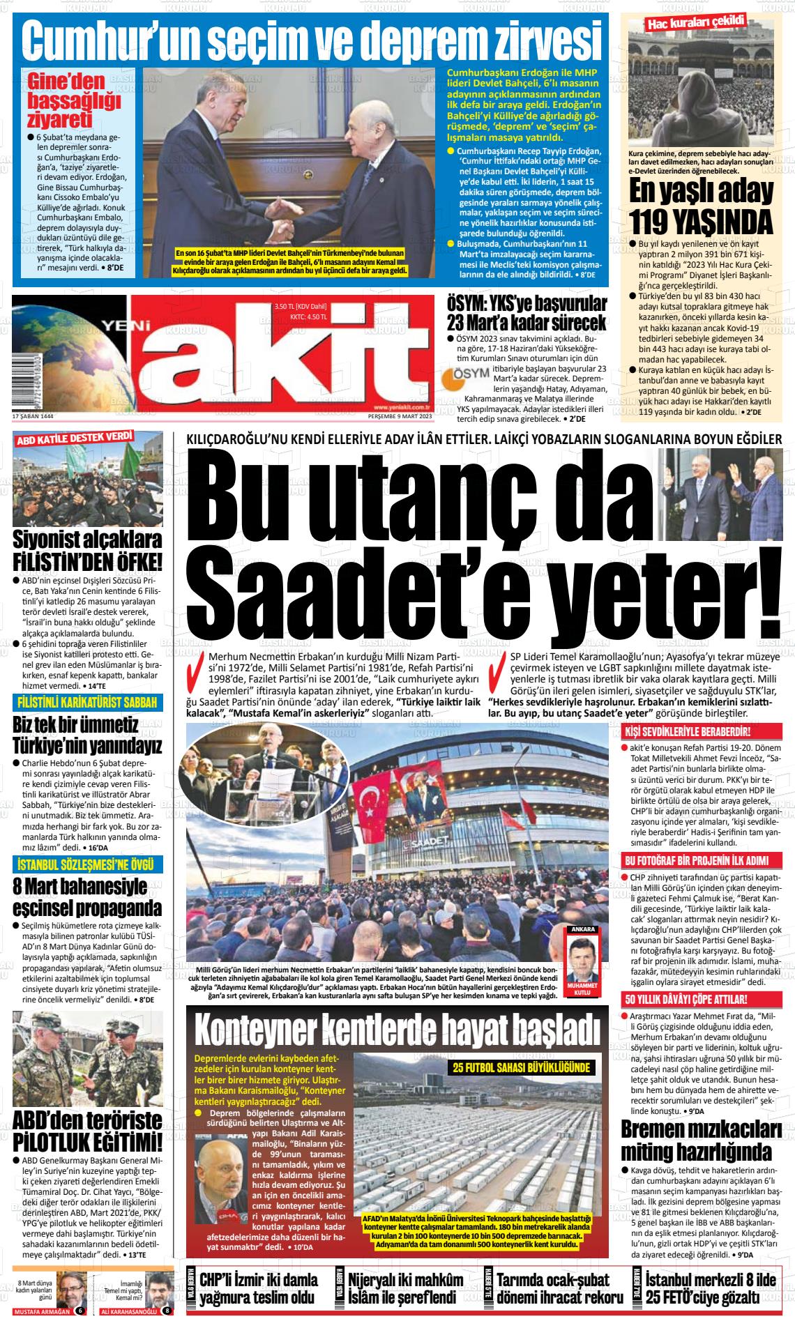 09 Mart 2023 Yeni Akit Gazete Manşeti