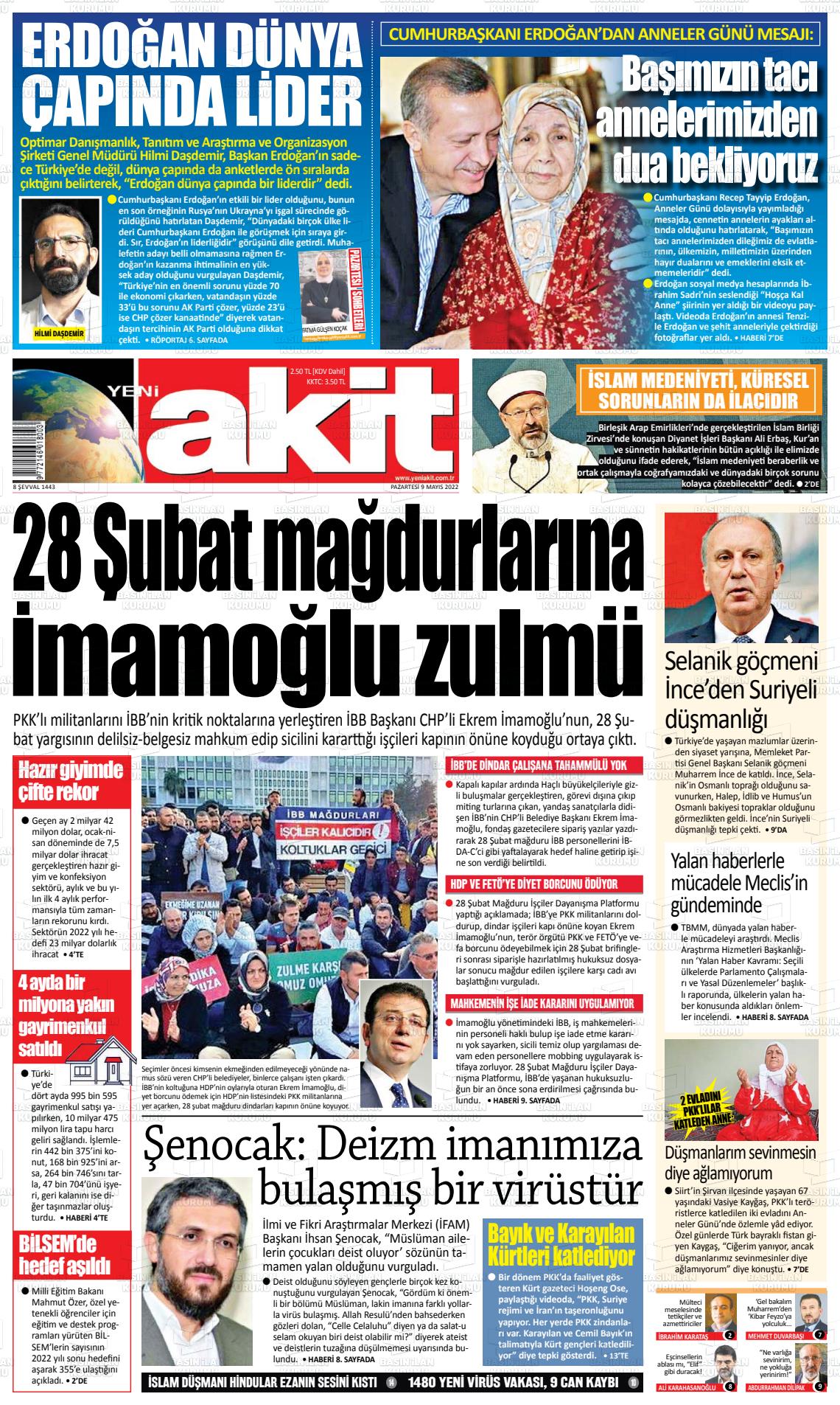 09 Mayıs 2022 Yeni Akit Gazete Manşeti