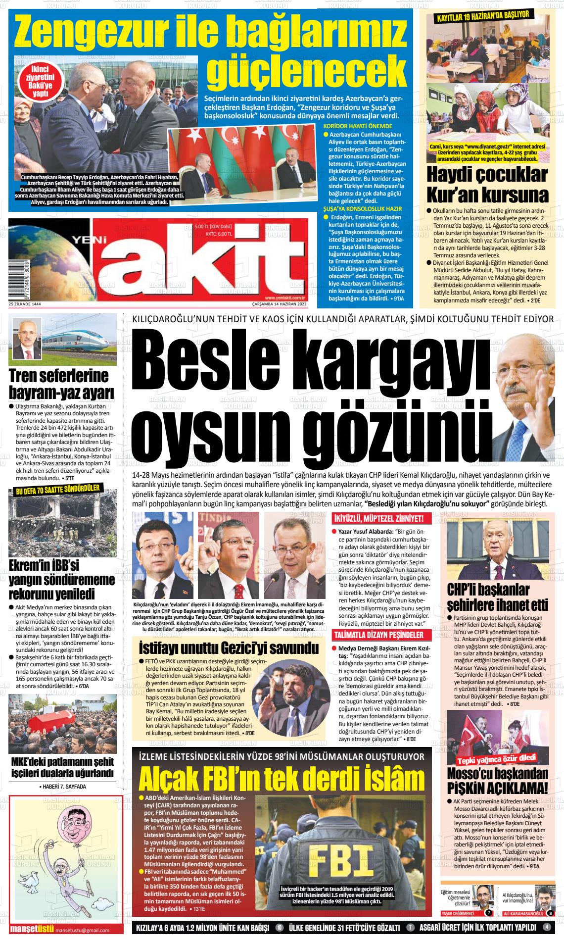 14 Haziran 2023 Yeni Akit Gazete Manşeti