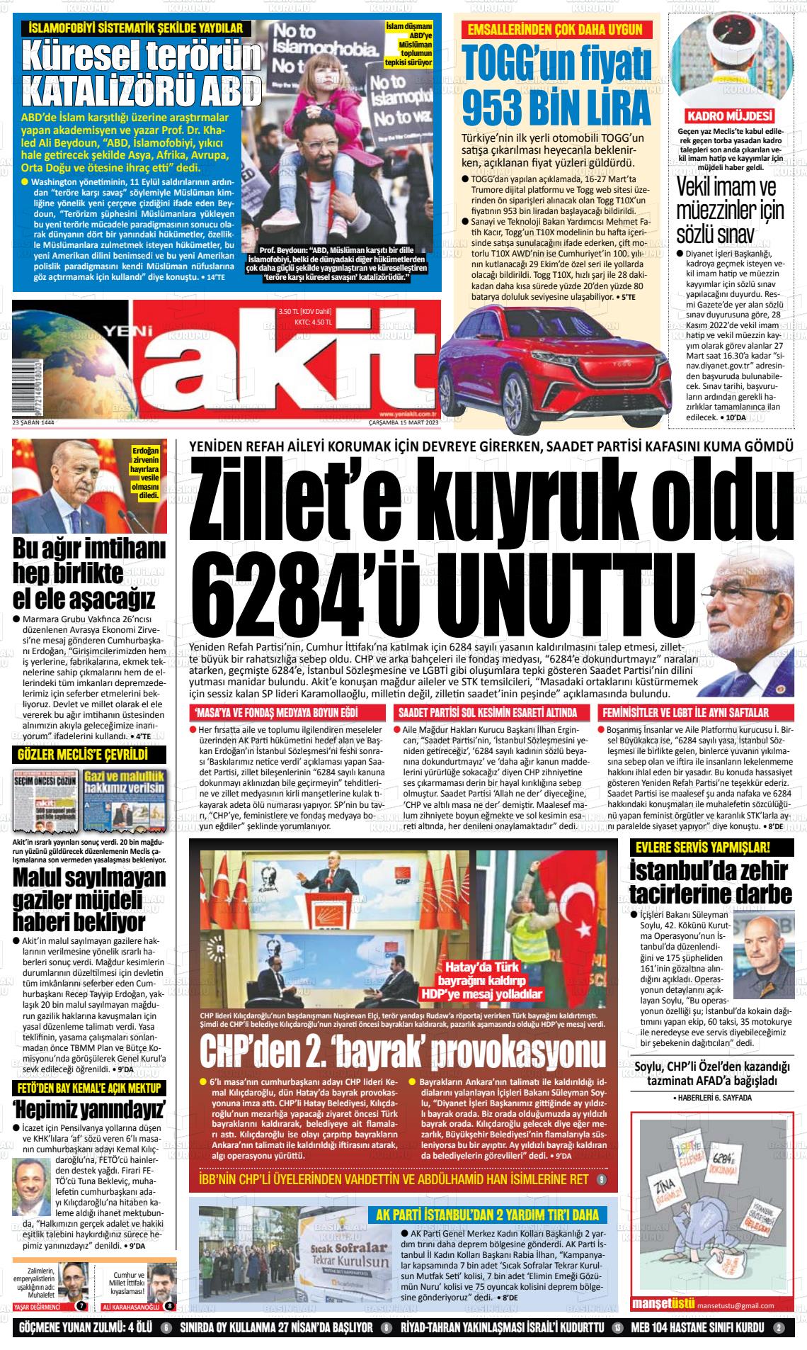 15 Mart 2023 Yeni Akit Gazete Manşeti