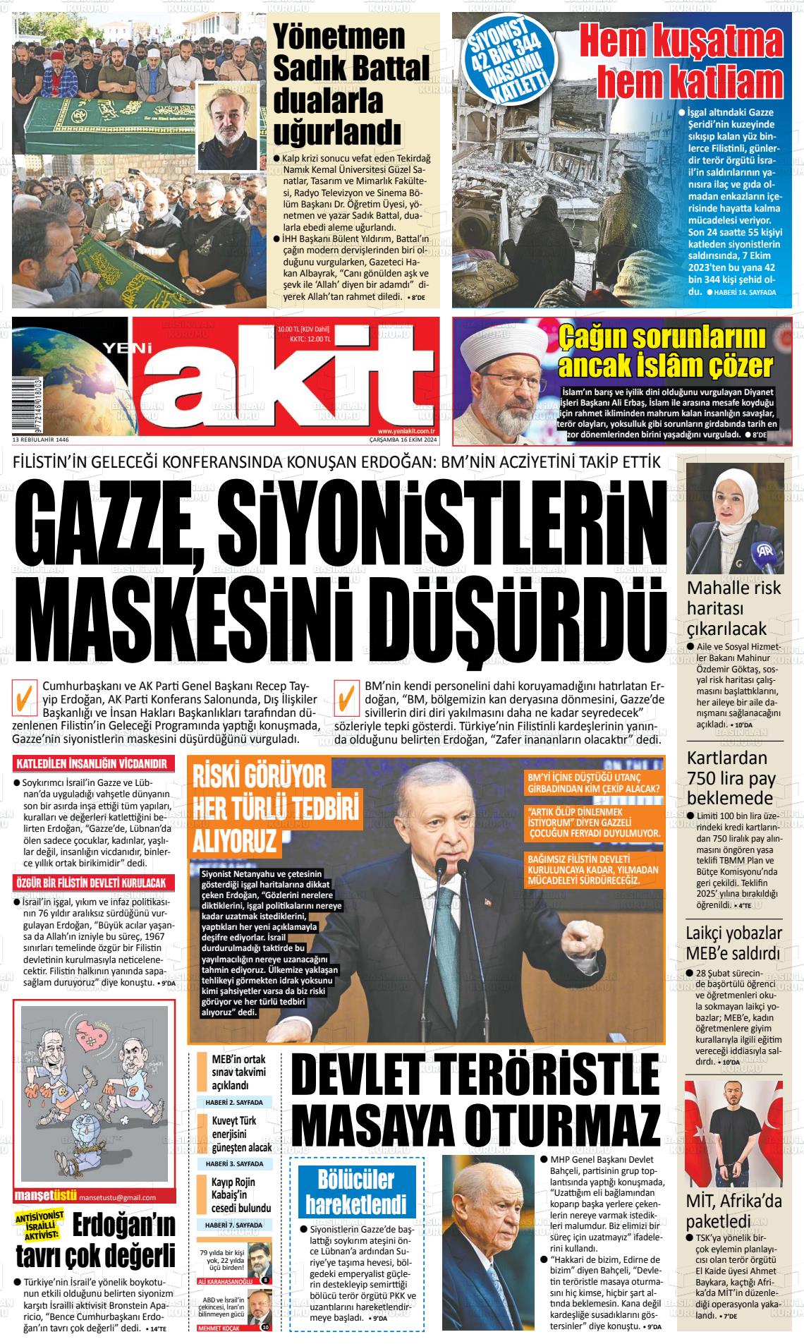 16 Ekim 2024 Yeni Akit Gazete Manşeti