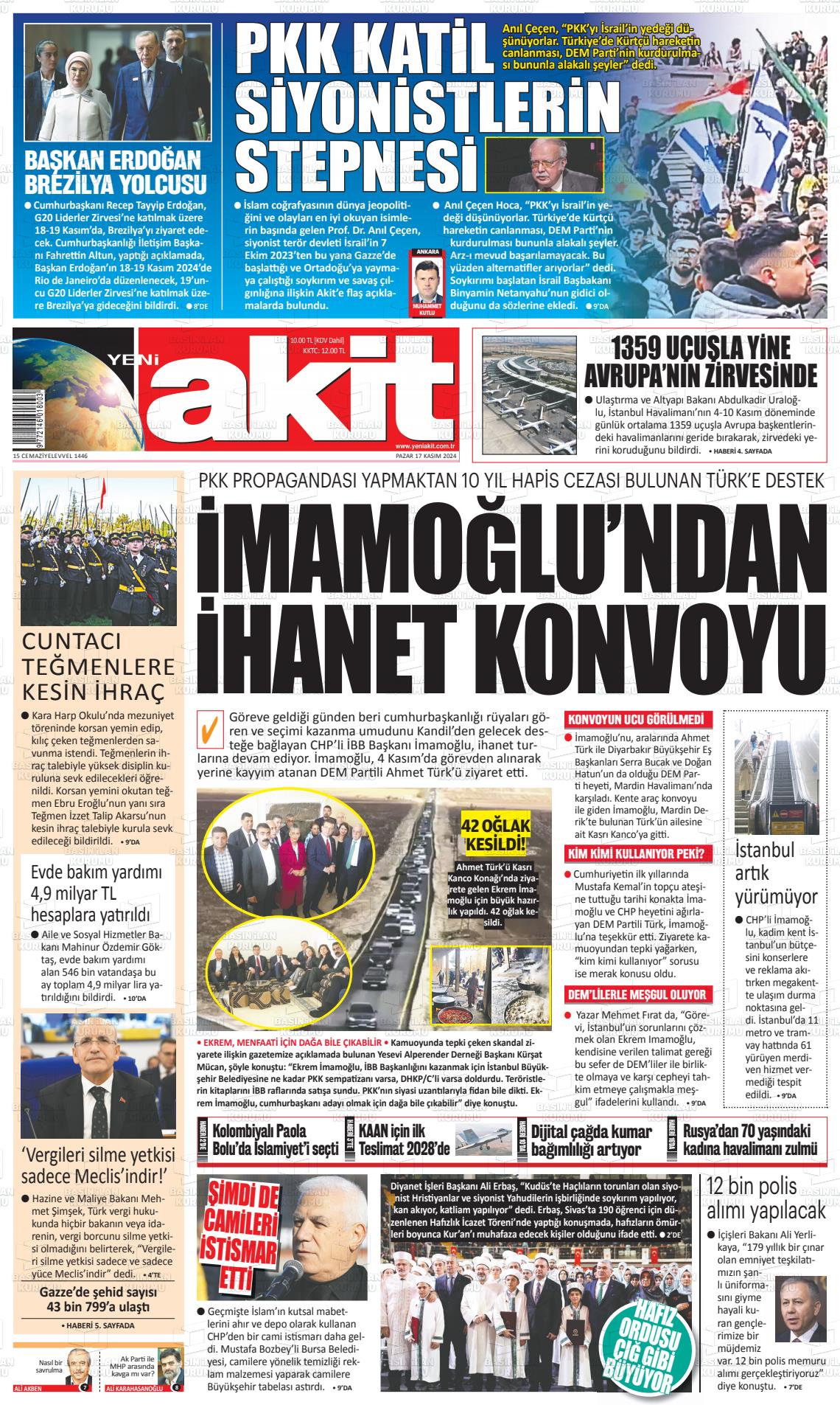 17 Kasım 2024 Yeni Akit Gazete Manşeti