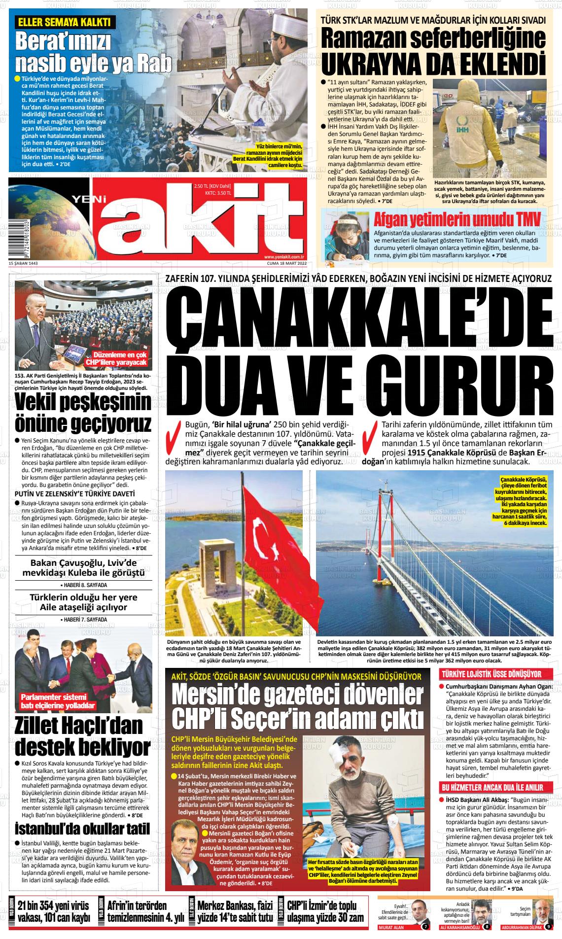 18 Mart 2022 Yeni Akit Gazete Manşeti