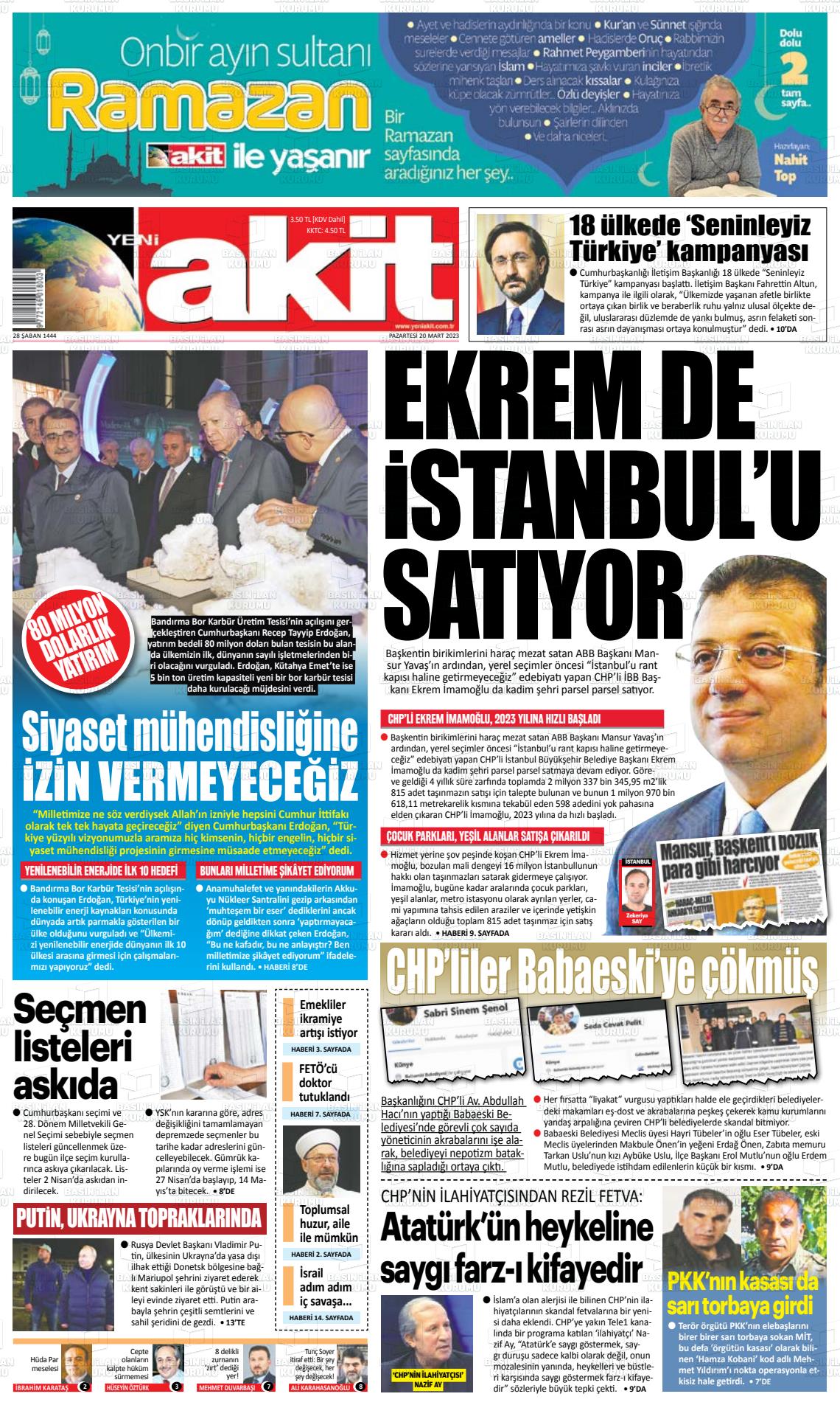 20 Mart 2023 Yeni Akit Gazete Manşeti