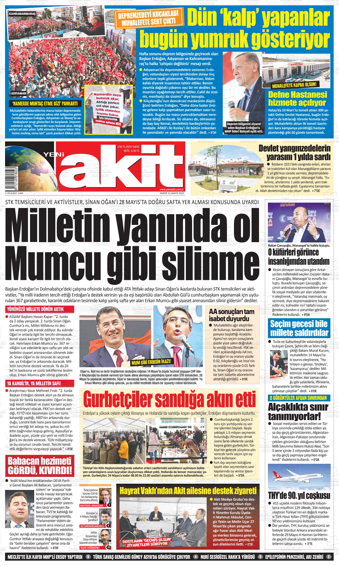 21 Mayıs 2023 Yeni Akit Gazete Manşeti