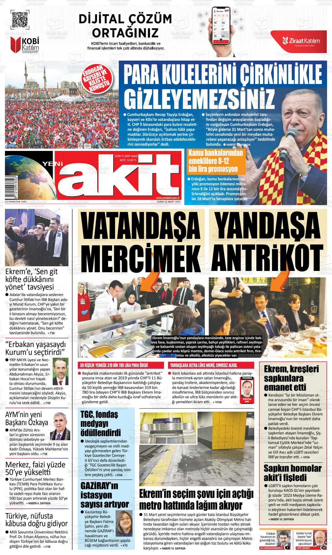 22 Mart 2024 Yeni Akit Gazete Manşeti