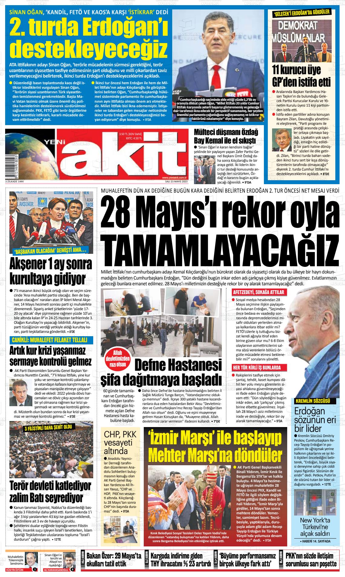 23 Mayıs 2023 Yeni Akit Gazete Manşeti