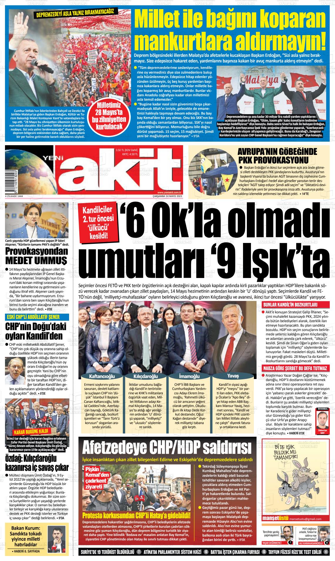 24 Mayıs 2023 Yeni Akit Gazete Manşeti