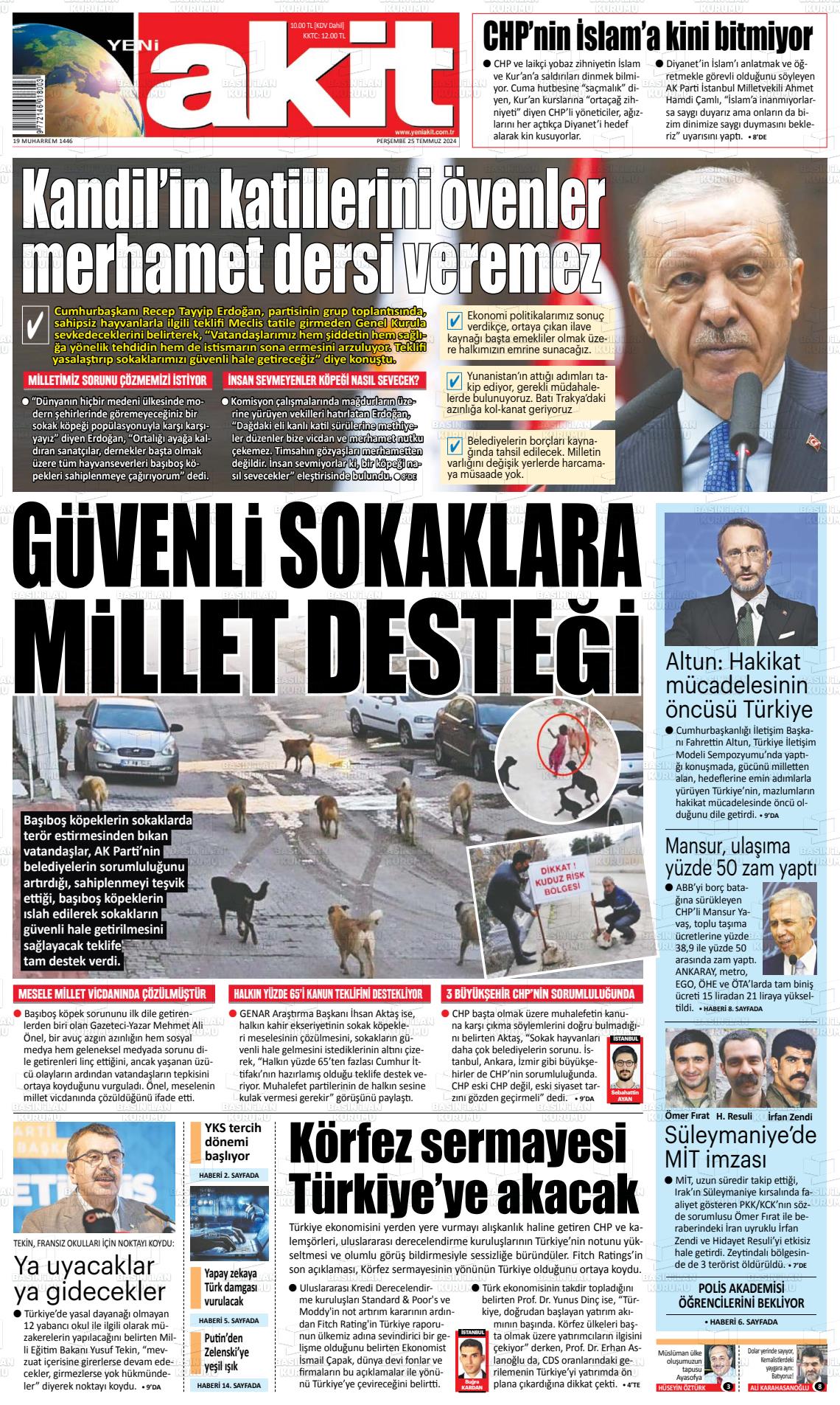 25 Temmuz 2024 Yeni Akit Gazete Manşeti