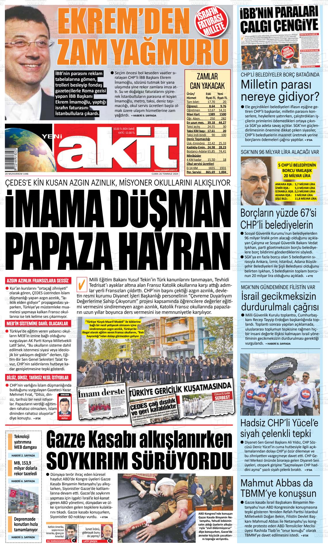 27 Temmuz 2024 Yeni Akit Gazete Manşeti