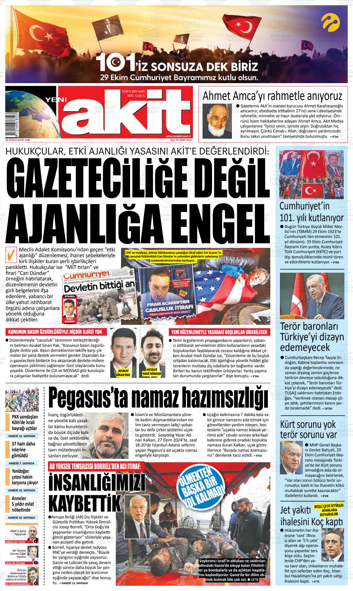 29 Ekim 2024 Yeni Akit Gazete Manşeti