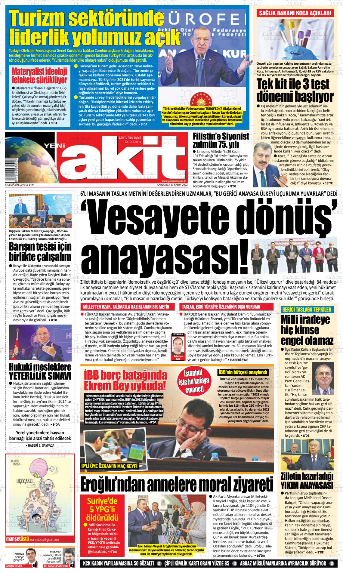 30 Kasım 2022 Yeni Akit Gazete Manşeti