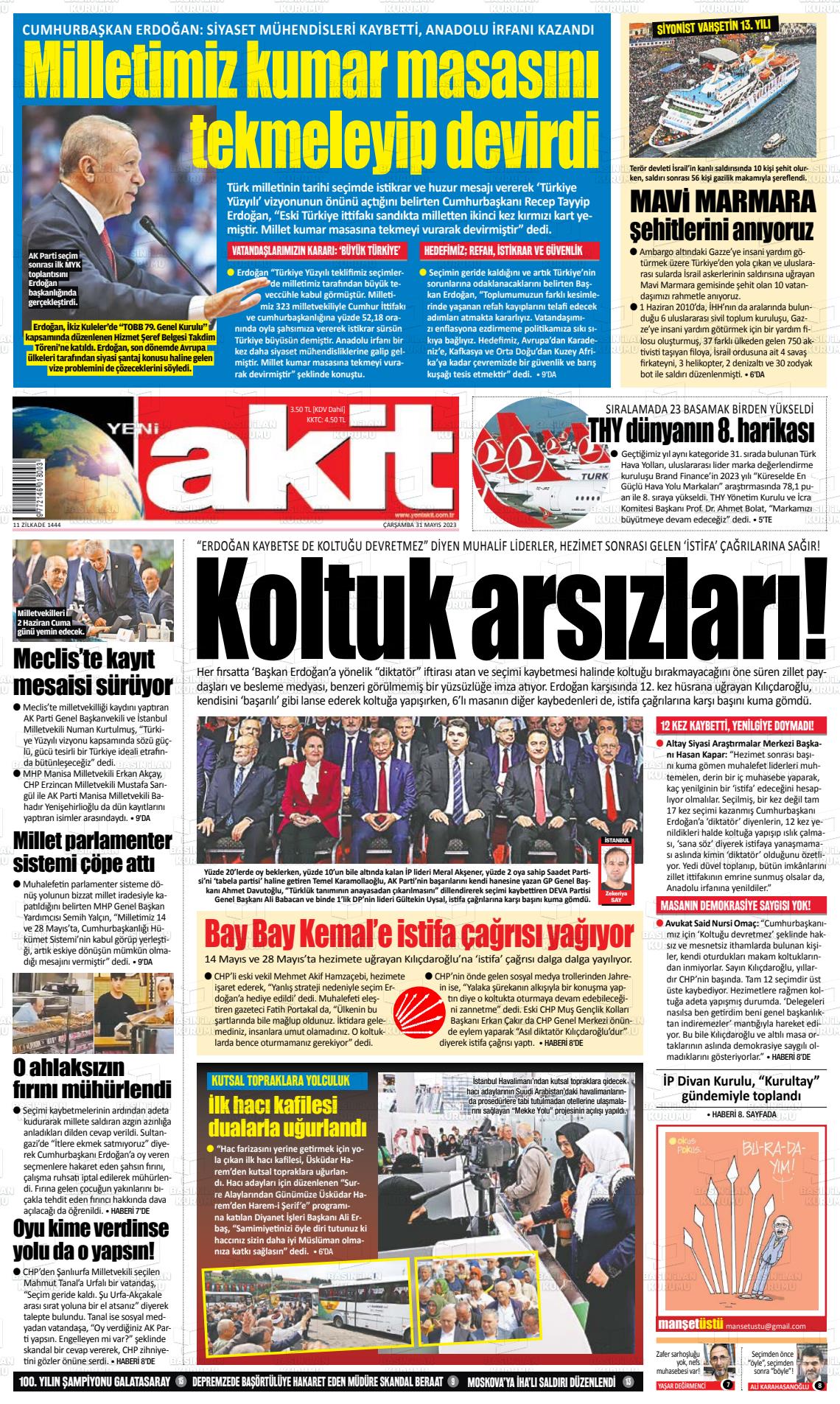 31 Mayıs 2023 Yeni Akit Gazete Manşeti