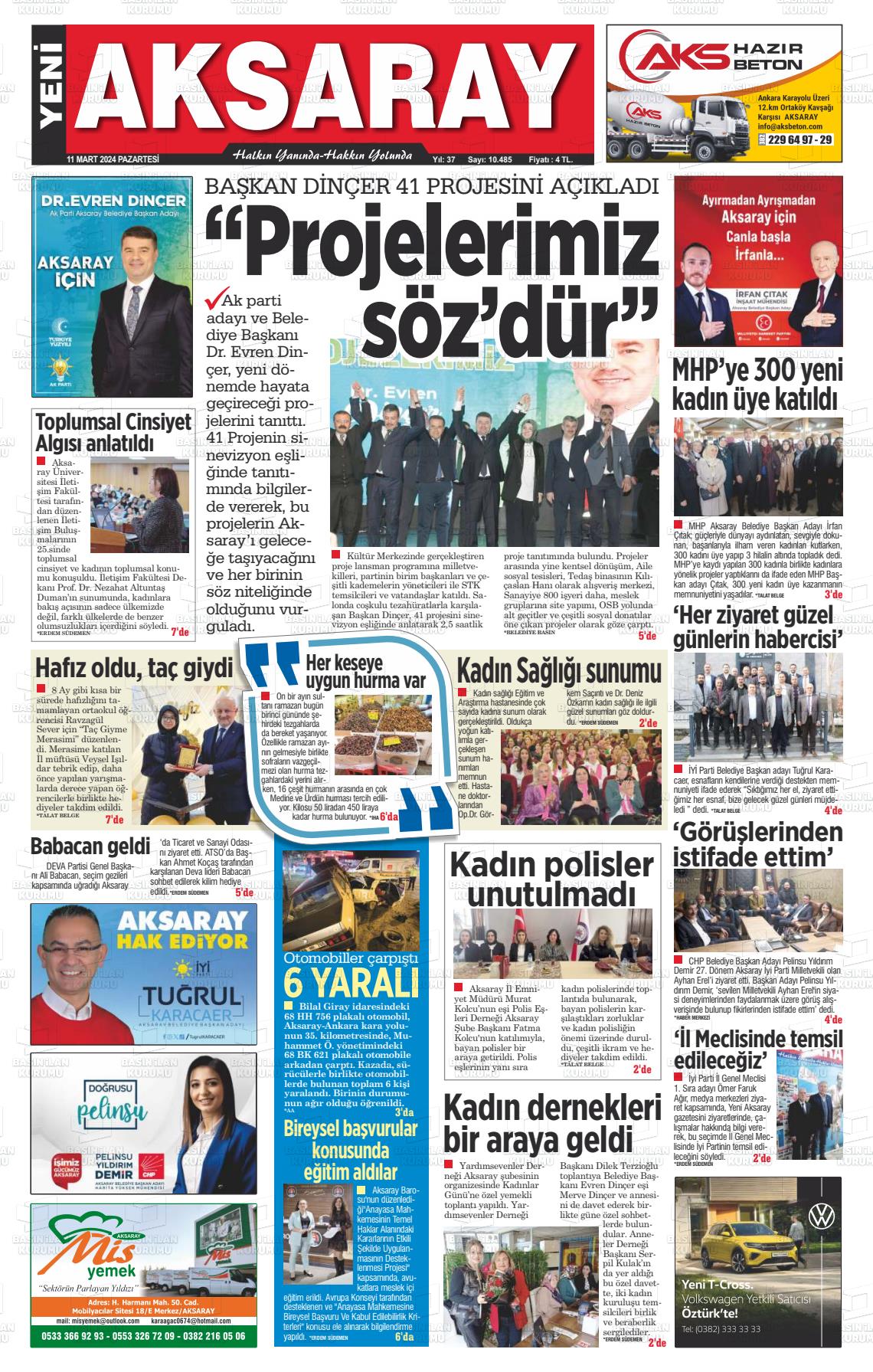 11 Mart 2024 Yeni Aksaray Gazete Manşeti