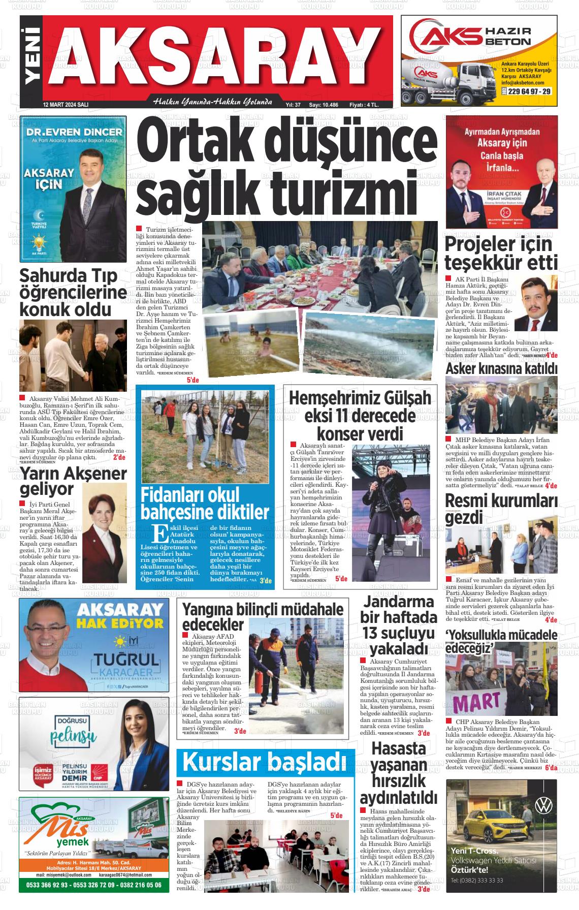 12 Mart 2024 Yeni Aksaray Gazete Manşeti