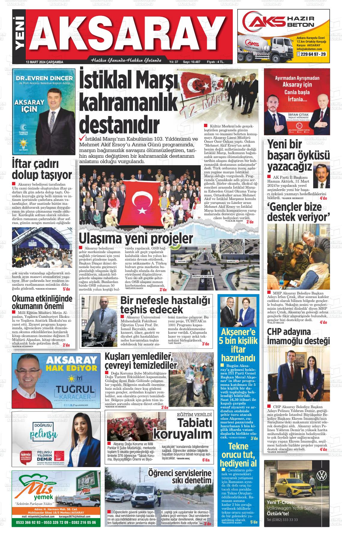 13 Mart 2024 Yeni Aksaray Gazete Manşeti