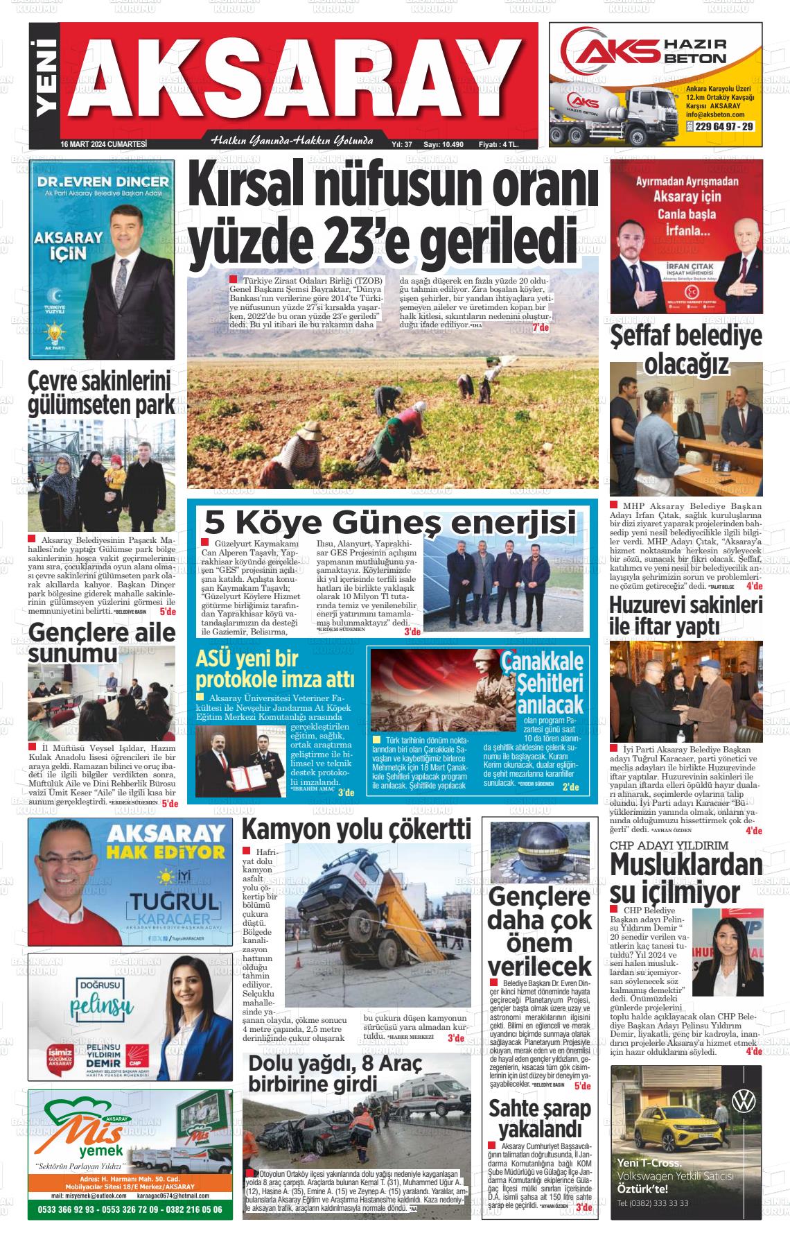 16 Mart 2024 Yeni Aksaray Gazete Manşeti