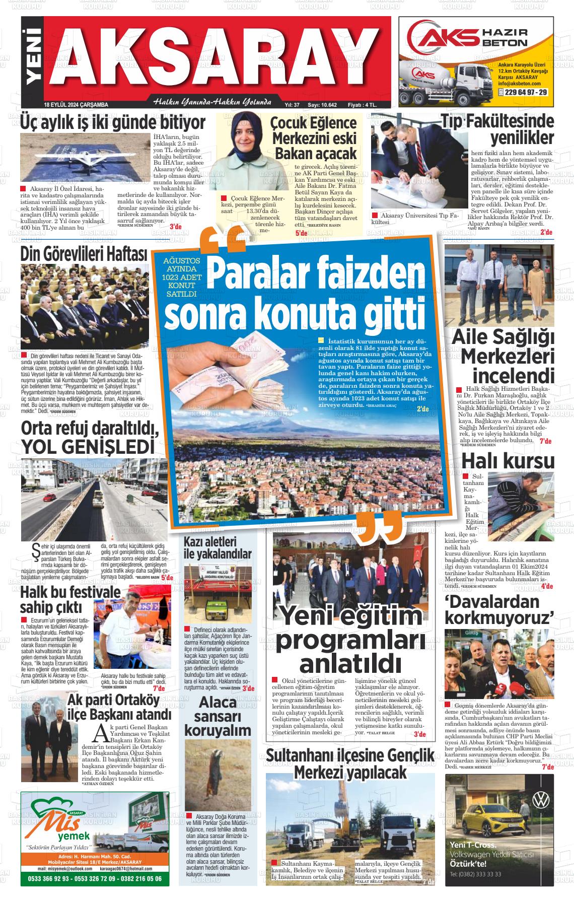 18 Eylül 2024 Yeni Aksaray Gazete Manşeti