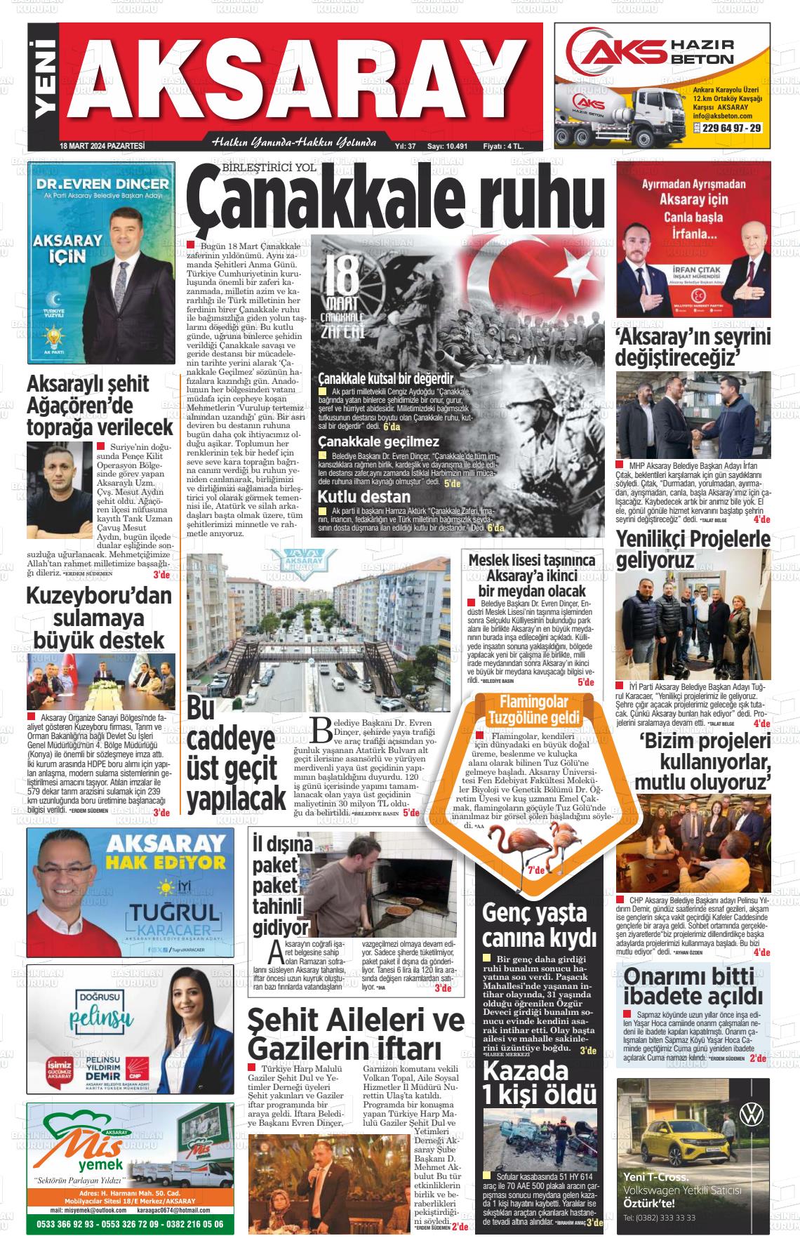 18 Mart 2024 Yeni Aksaray Gazete Manşeti