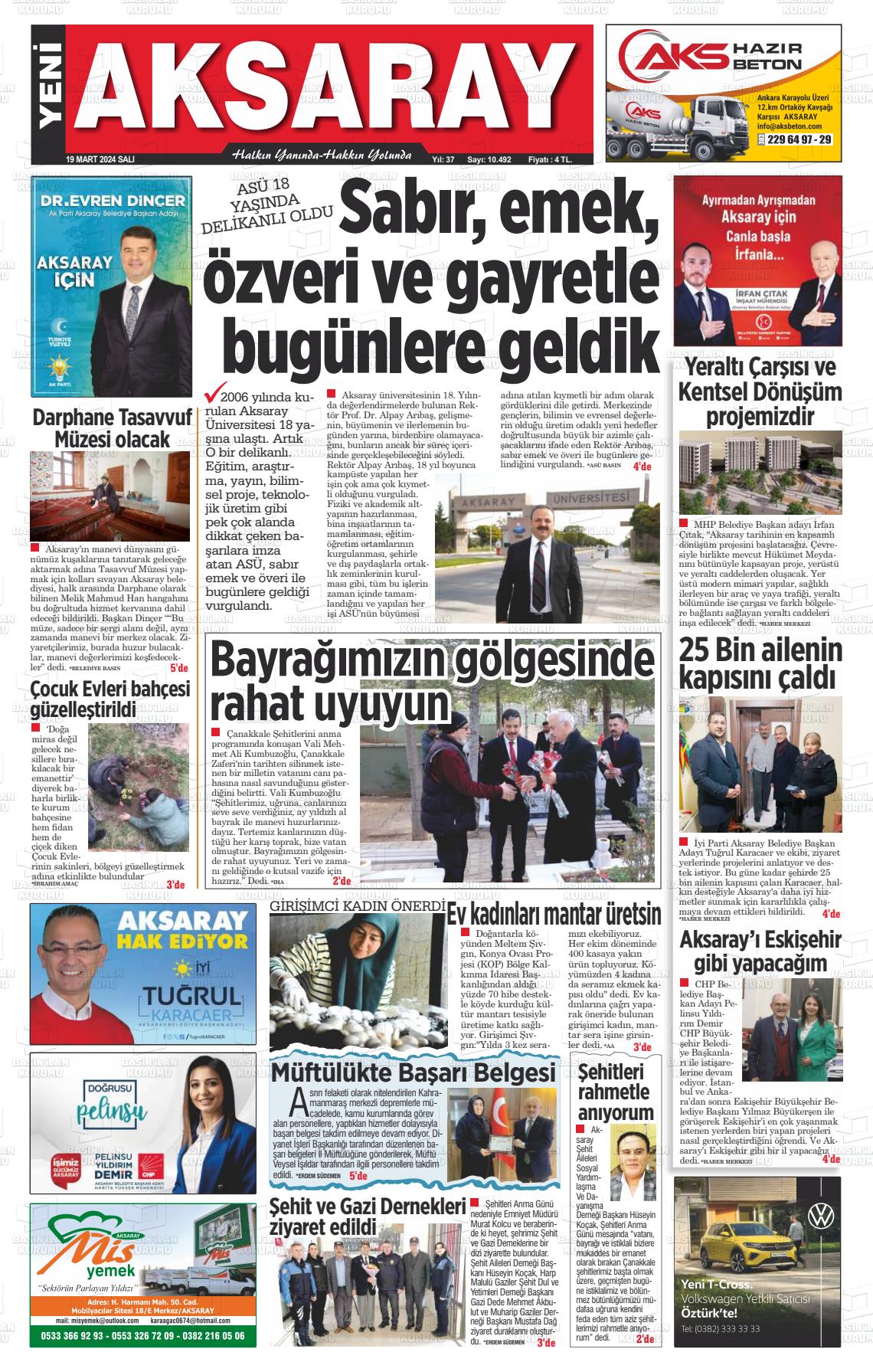 19 Mart 2024 Yeni Aksaray Gazete Manşeti