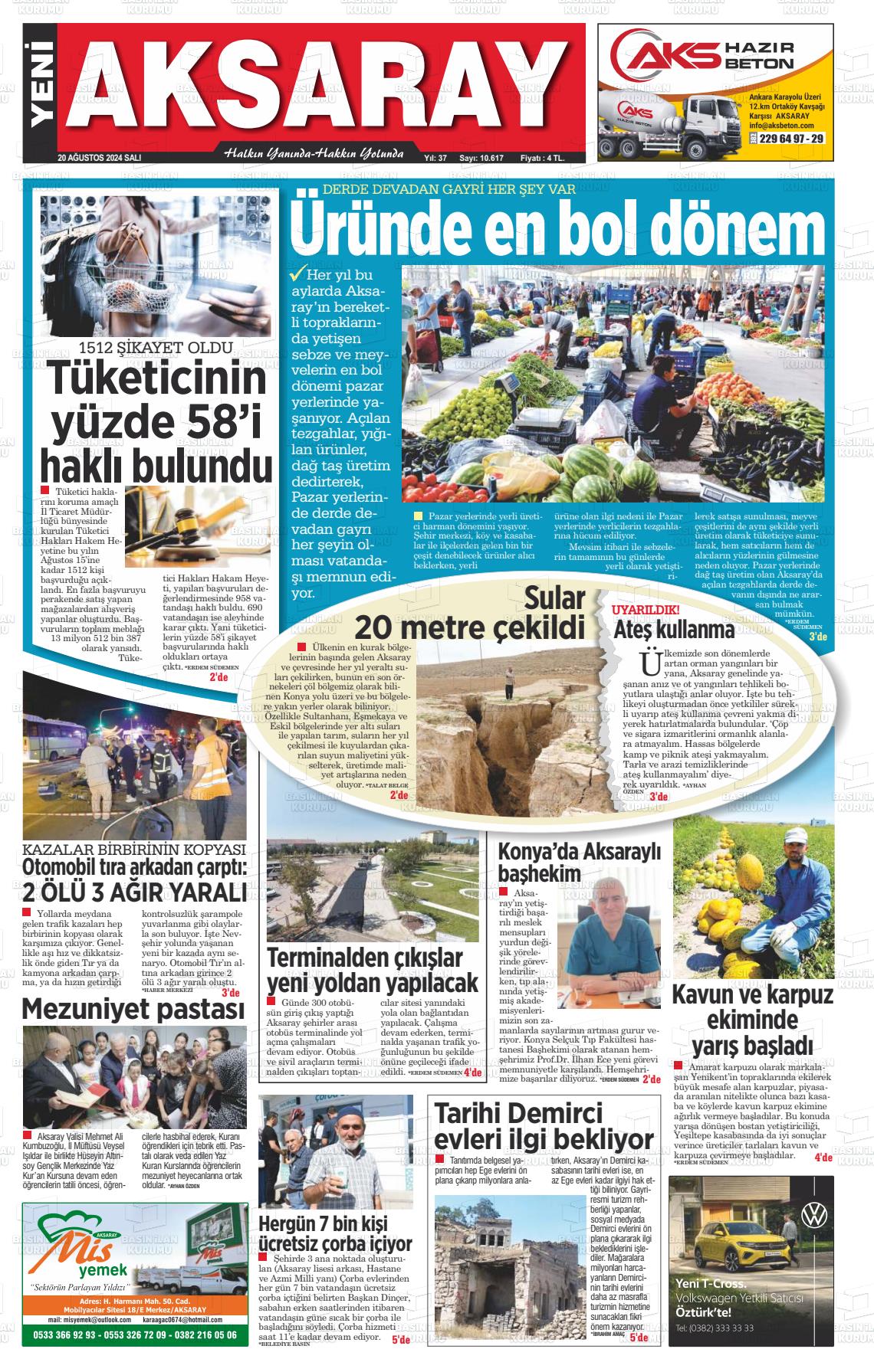 20 Ağustos 2024 Yeni Aksaray Gazete Manşeti