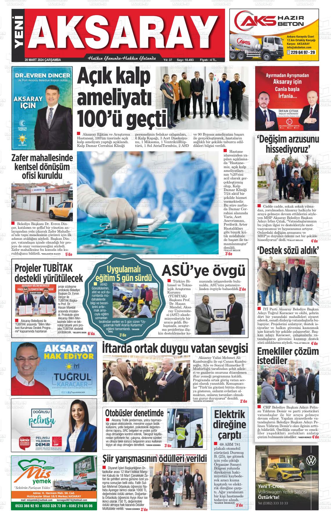 20 Mart 2024 Yeni Aksaray Gazete Manşeti