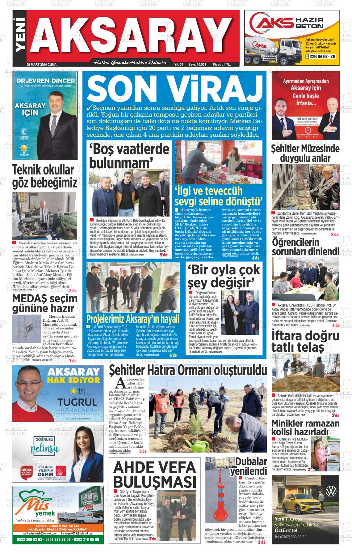 29 Mart 2024 Yeni Aksaray Gazete Manşeti