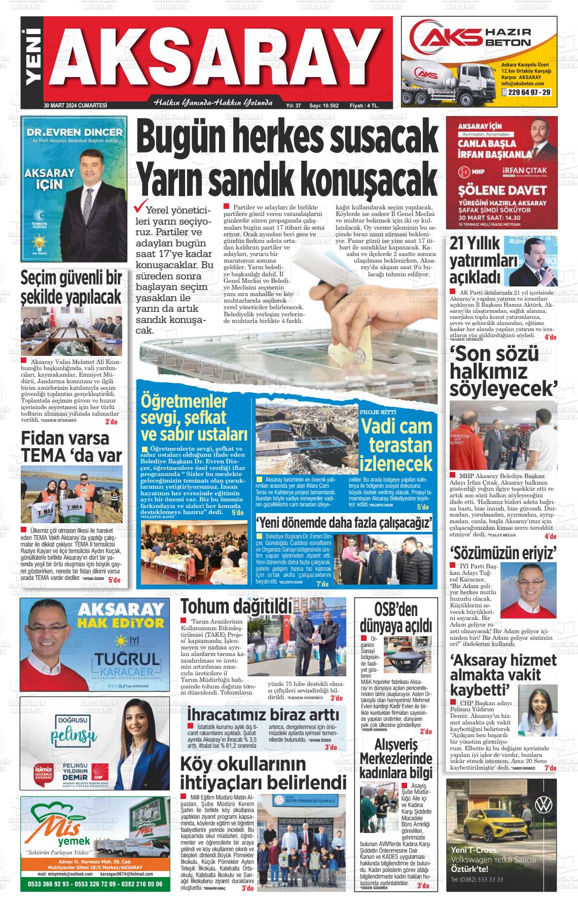 30 Mart 2024 Yeni Aksaray Gazete Manşeti