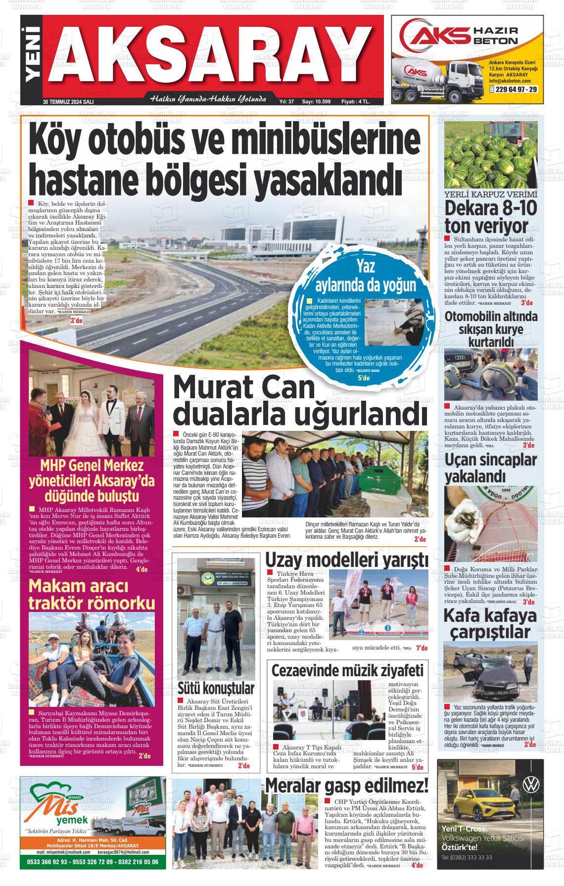 30 Temmuz 2024 Yeni Aksaray Gazete Manşeti