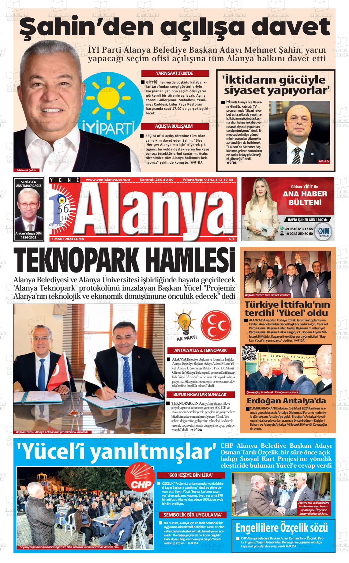 01 Mart 2024 Yeni Alanya Gazete Manşeti