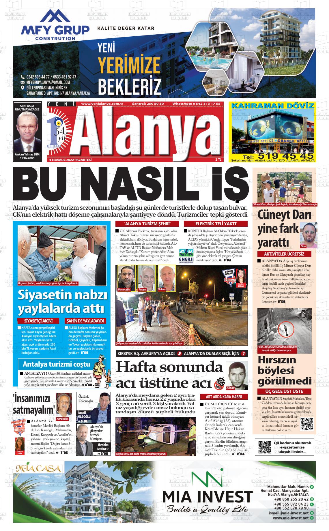 04 Temmuz 2022 Yeni Alanya Gazete Manşeti