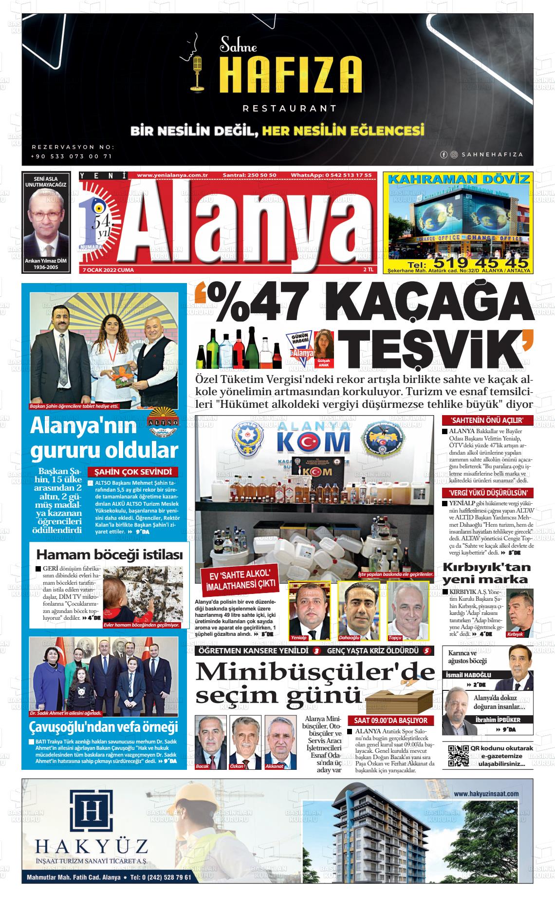 07 Ocak 2022 Yeni Alanya Gazete Manşeti