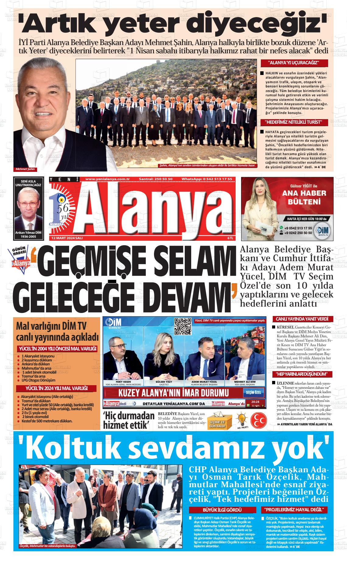 12 Mart 2024 Yeni Alanya Gazete Manşeti