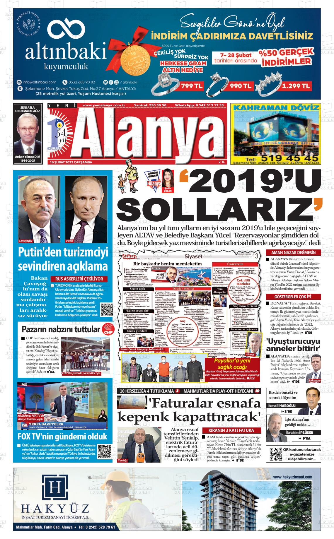 16 Şubat 2022 Yeni Alanya Gazete Manşeti