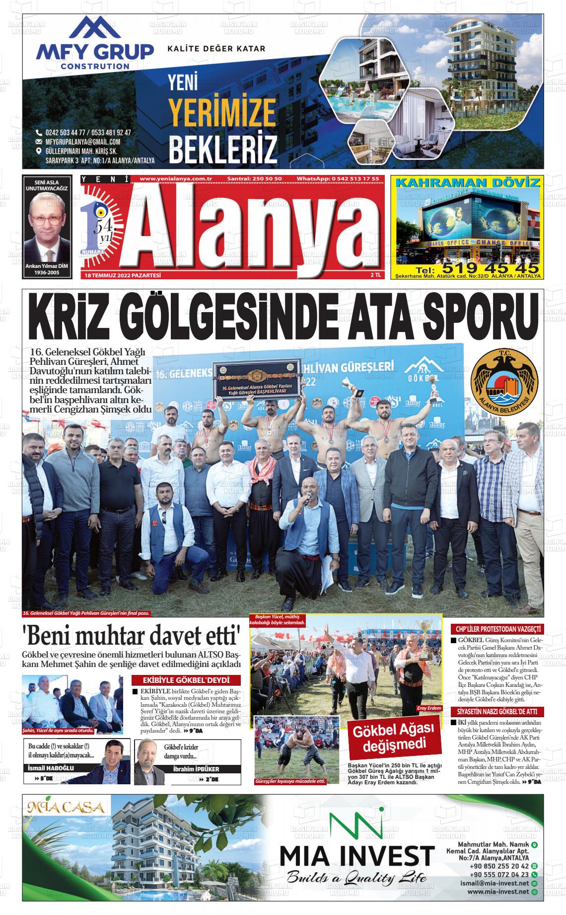 18 Temmuz 2022 Yeni Alanya Gazete Manşeti