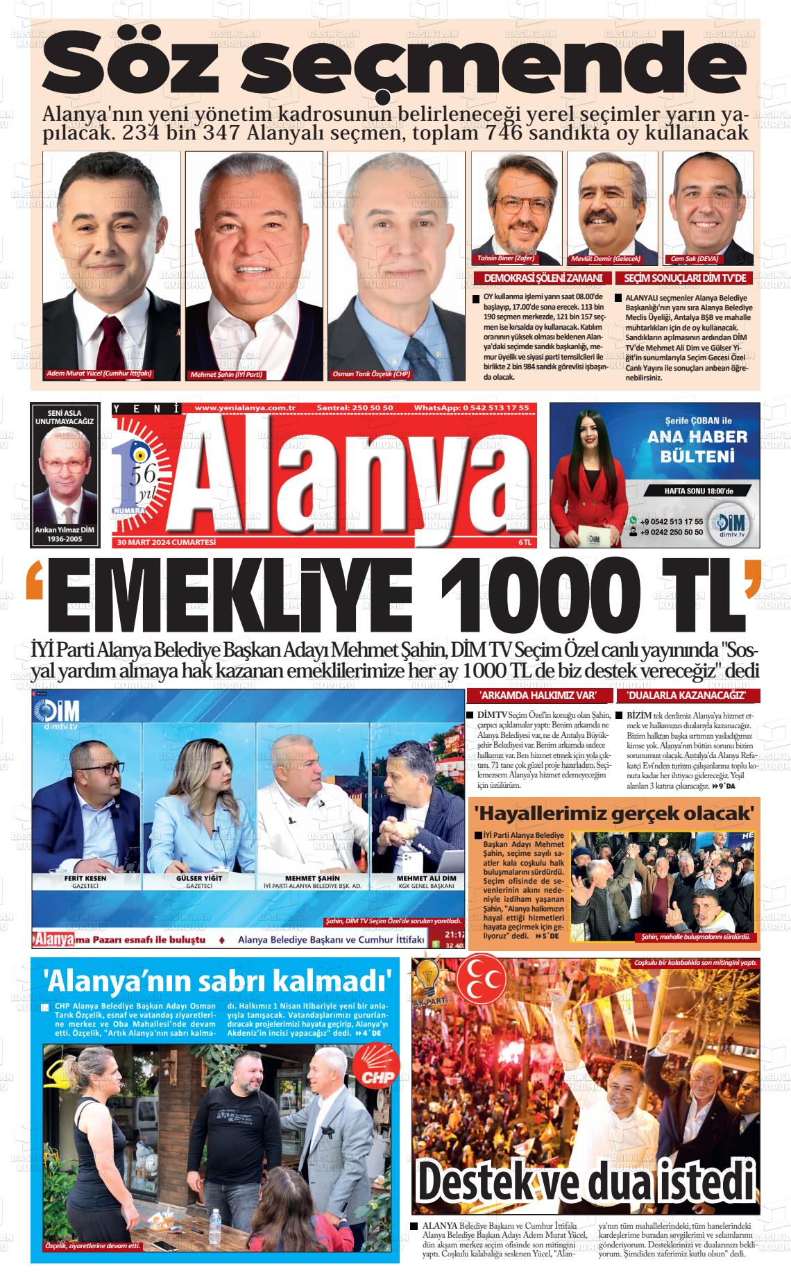 30 Mart 2024 Yeni Alanya Gazete Manşeti