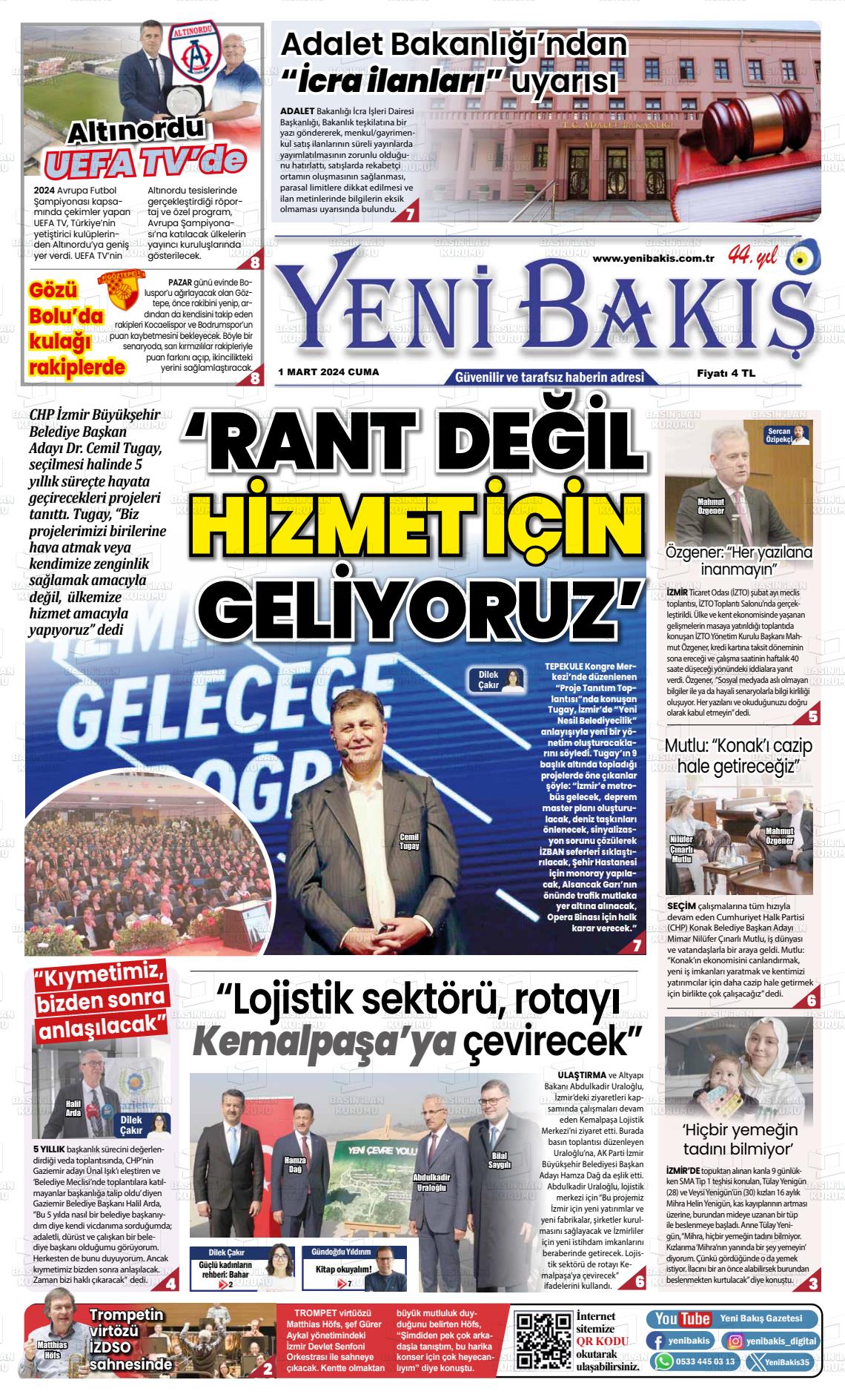 01 Mart 2024 Yeni Bakış Gazete Manşeti